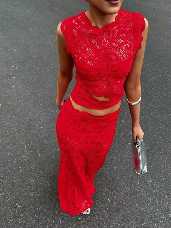 Dresses & Skirts - Red Elegant Women's Sexy Sleeveless Lace Top And Fishtail Skirt Set